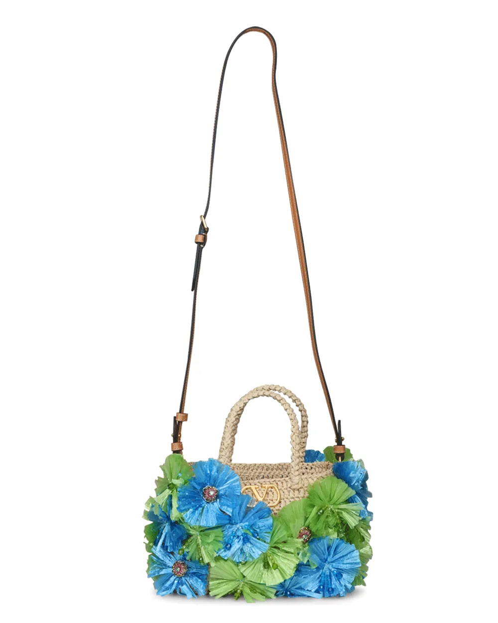 Small VLogo Crochet Flower Tote in Natural Verde Azzurro