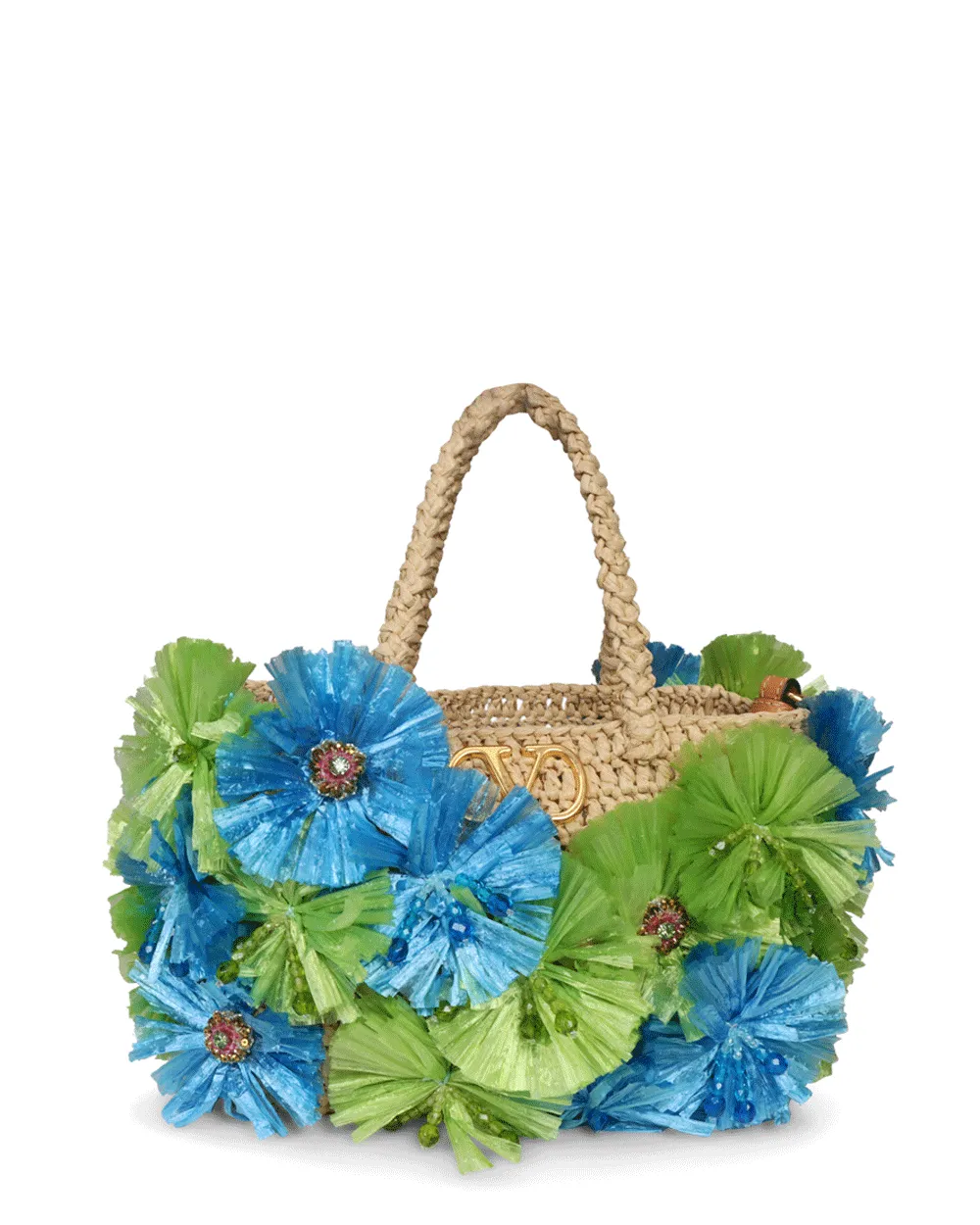 Small VLogo Crochet Flower Tote in Natural Verde Azzurro
