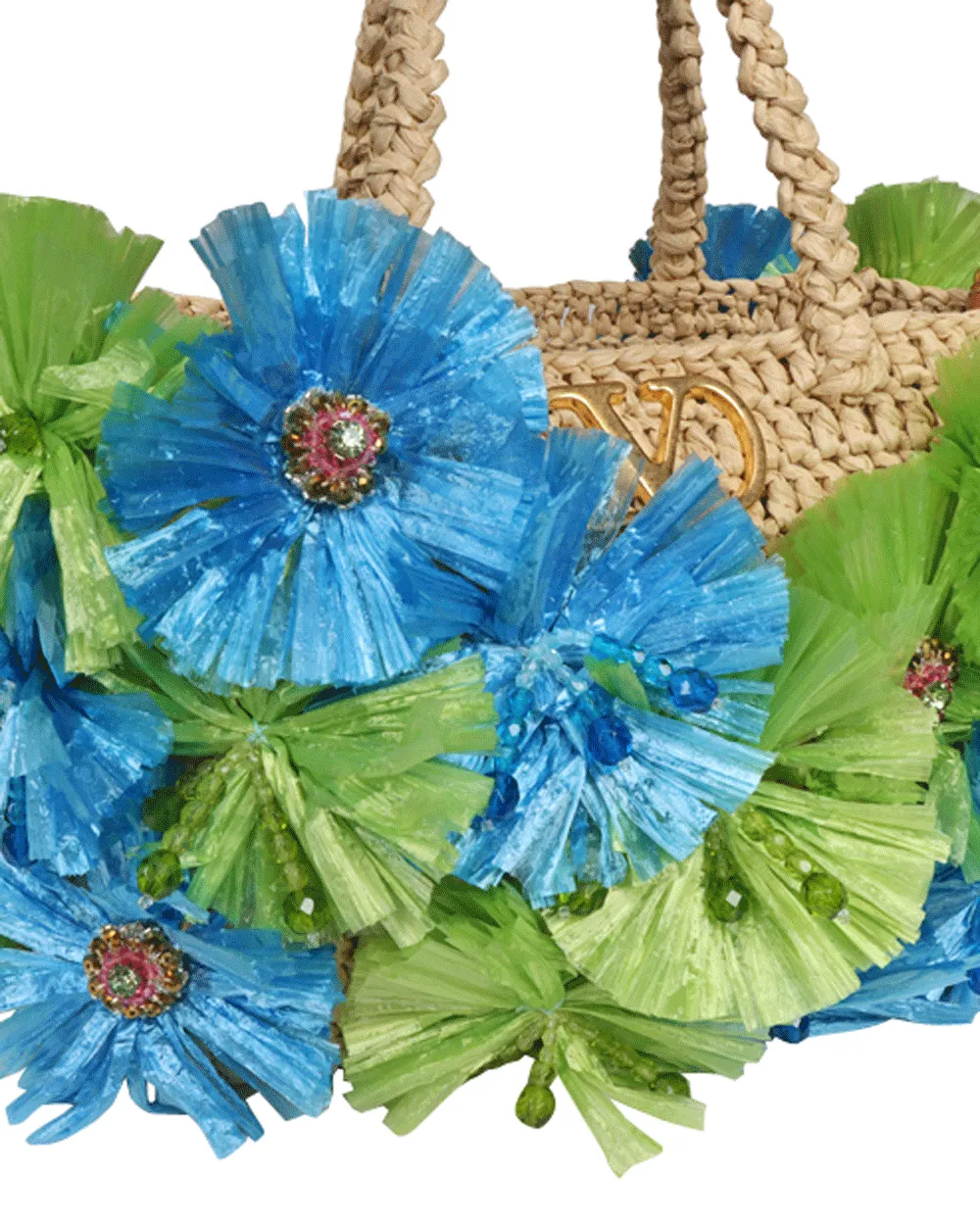 Small VLogo Crochet Flower Tote in Natural Verde Azzurro