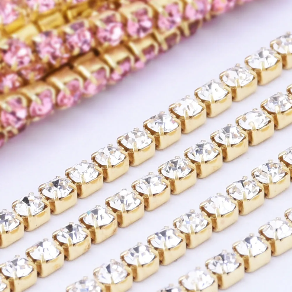 SS6 Clear Rhinestone Chain Various Colors Crystal Compact Close Gold Chain wedding DIYs 3.6Meters