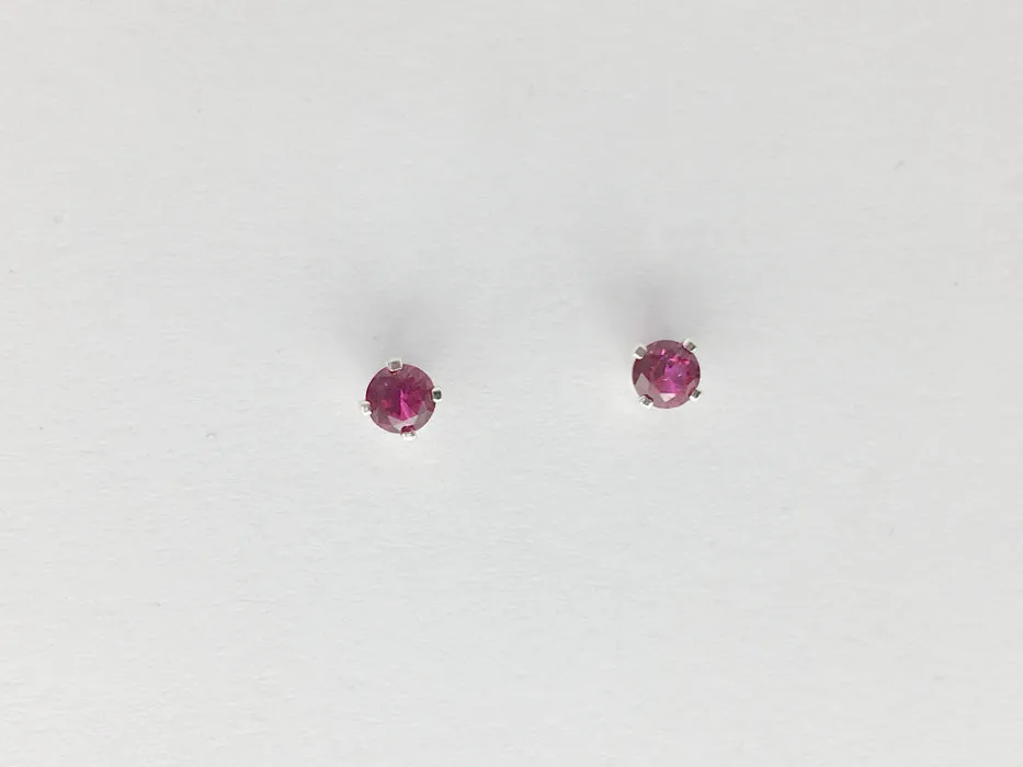 Sterling silver tiny 3mm synthetic ruby stud earrings-studs, lab grown rubies