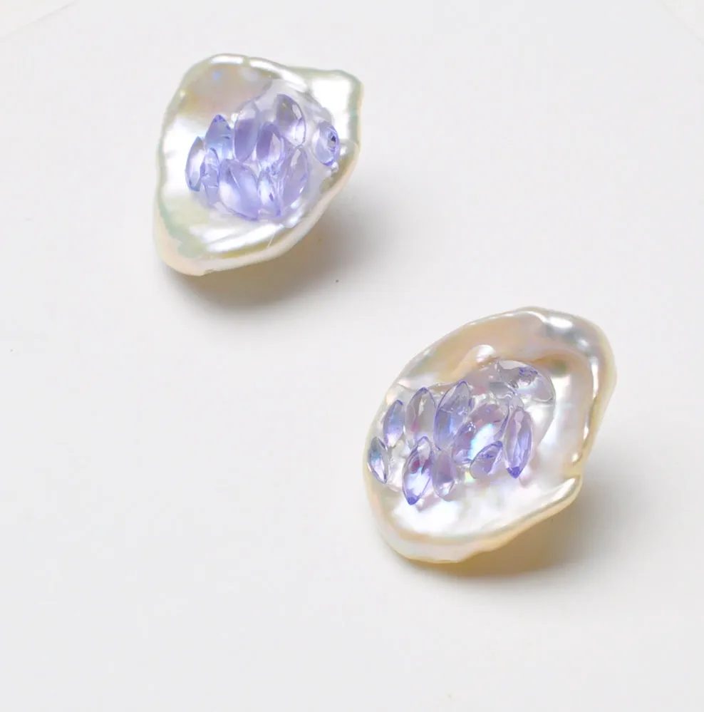 Tanzanite and Pearl Rockpile Earrings