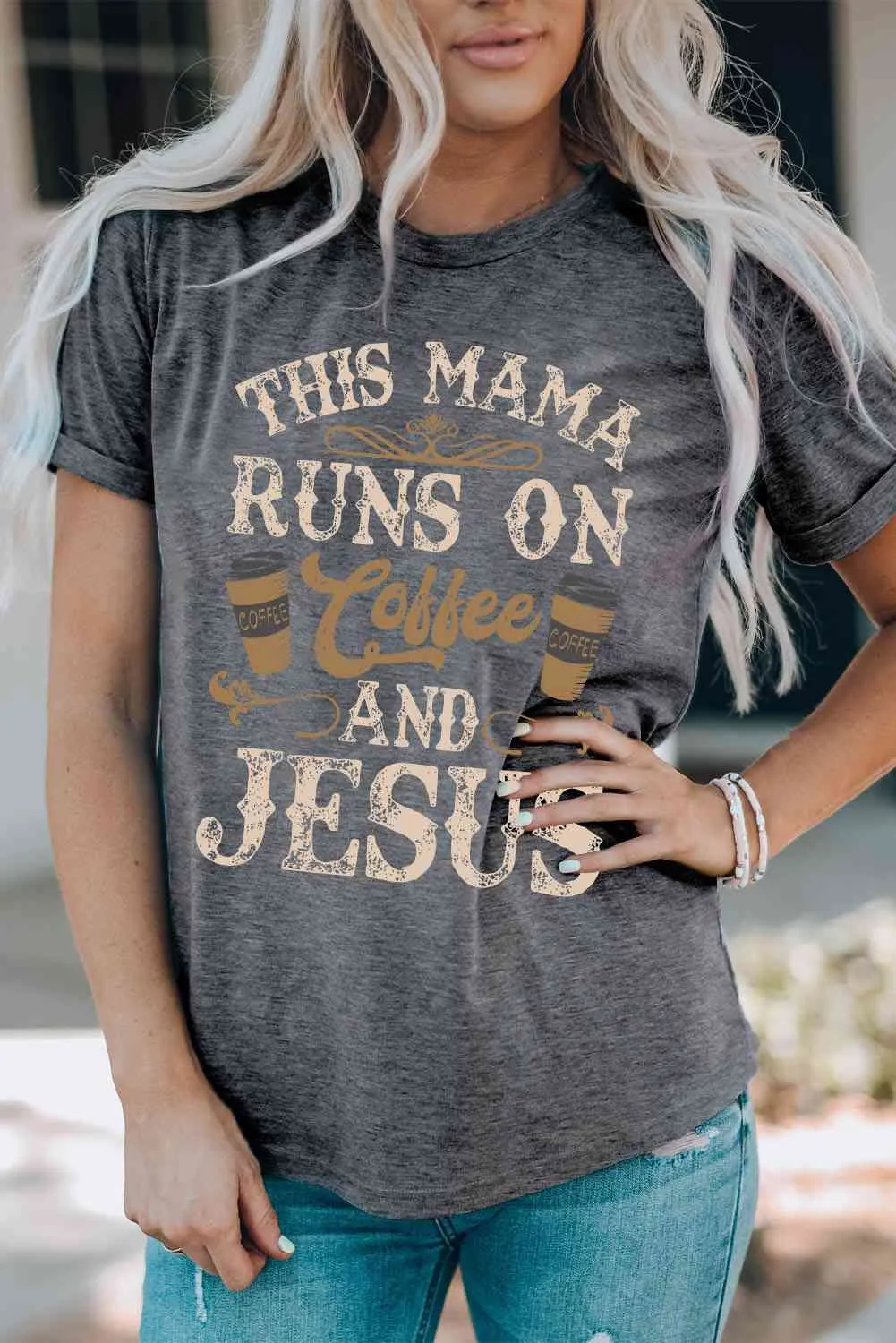 This Mama Runs on Coffee and Jesus Round Neck Tee