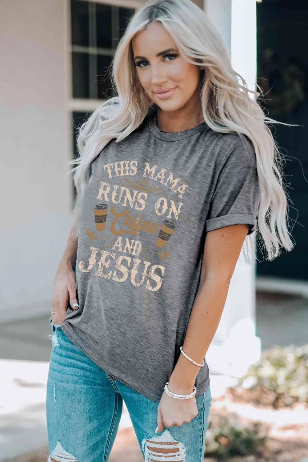This Mama Runs on Coffee and Jesus Round Neck Tee