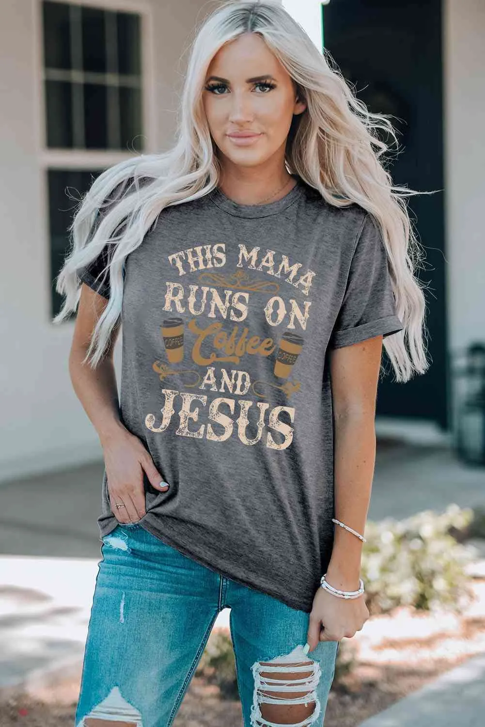 This Mama Runs on Coffee and Jesus Round Neck Tee