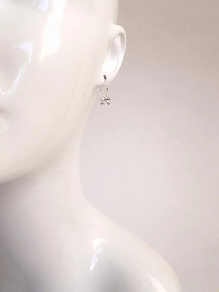 Tiny Silver Bow Earrings, small bow earring, tiny ribbon earring, tied ribbon earring, bow dangle earring, little silver bow earring, mini
