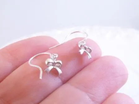 Tiny Silver Bow Earrings, small bow earring, tiny ribbon earring, tied ribbon earring, bow dangle earring, little silver bow earring, mini