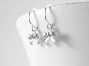 Tiny Silver Bow Earrings, small bow earring, tiny ribbon earring, tied ribbon earring, bow dangle earring, little silver bow earring, mini