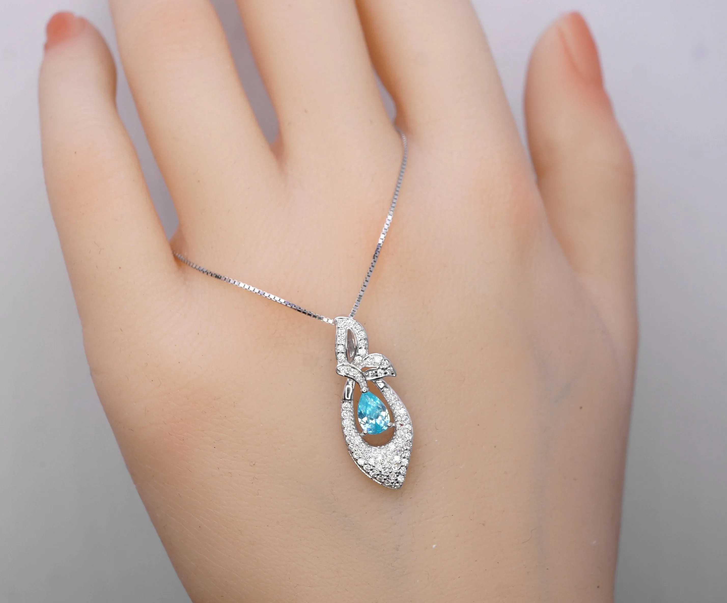 Tiny Teardrop Aquamarine Necklace, Gemstone Petal Leaf Butterfly Pendant, 18KGP @ Sterling Silver - Blue Aquamarine Jewelry #384