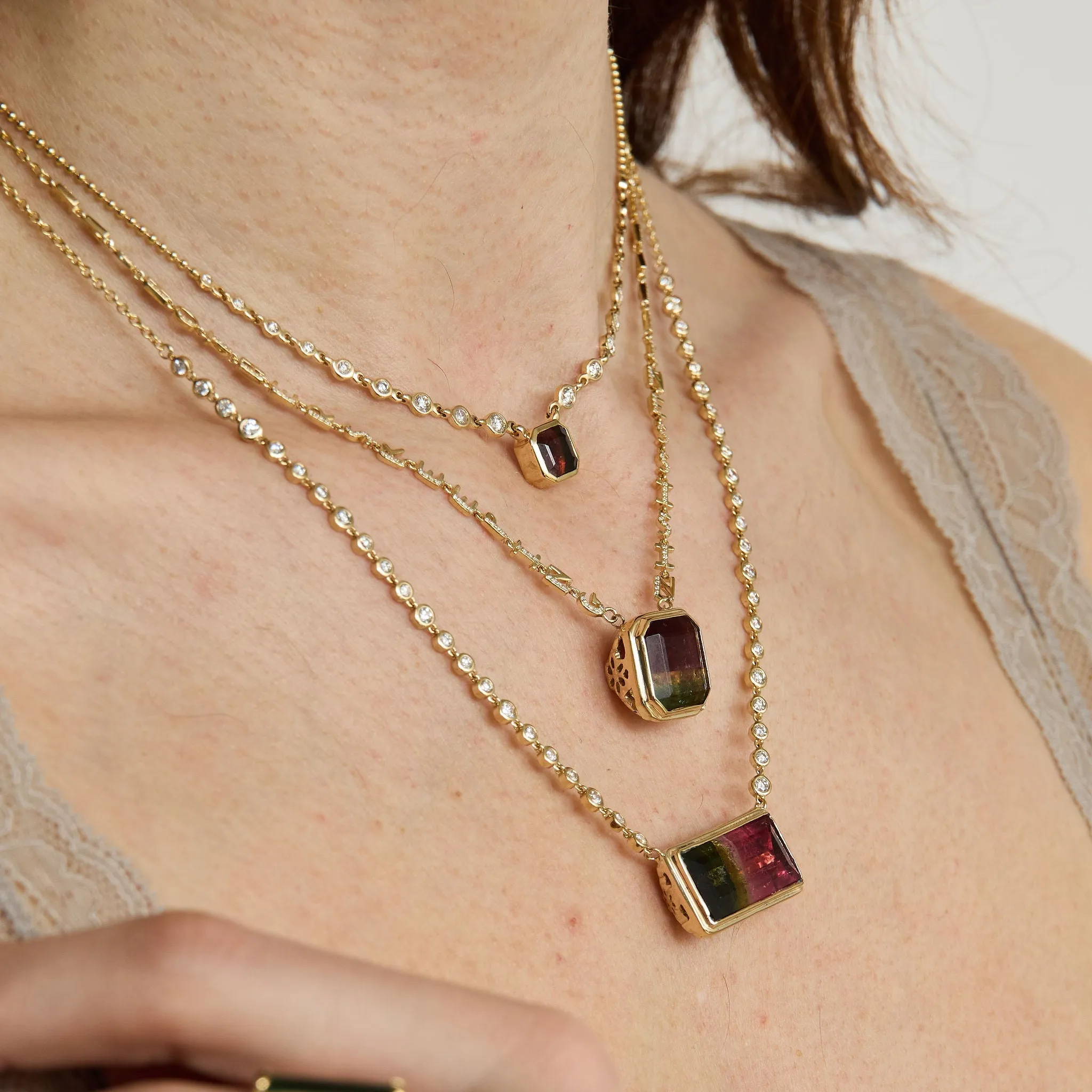 Tri color Tourmaline Tiny Letters Necklace