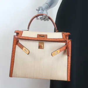 Vintage Hermes Kelly 32 Bag Crinoline Horse Hair & Gold Ostrich Gold Hardware