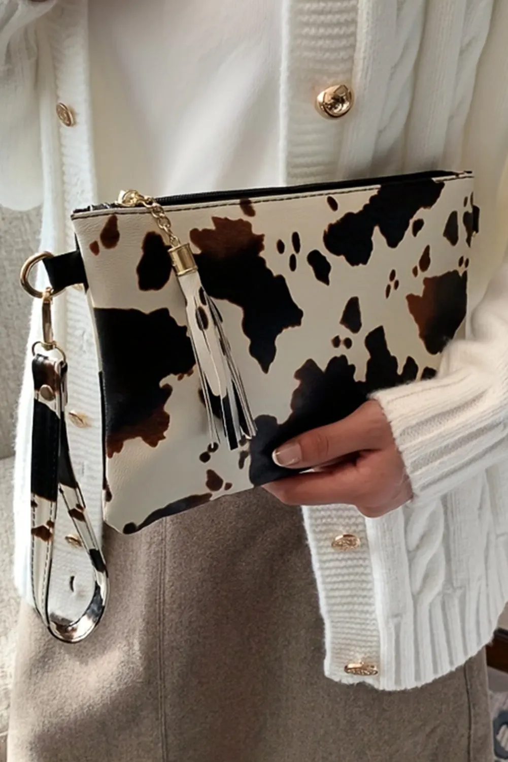 White Cow Print Wrist Strap Zipped Wallet