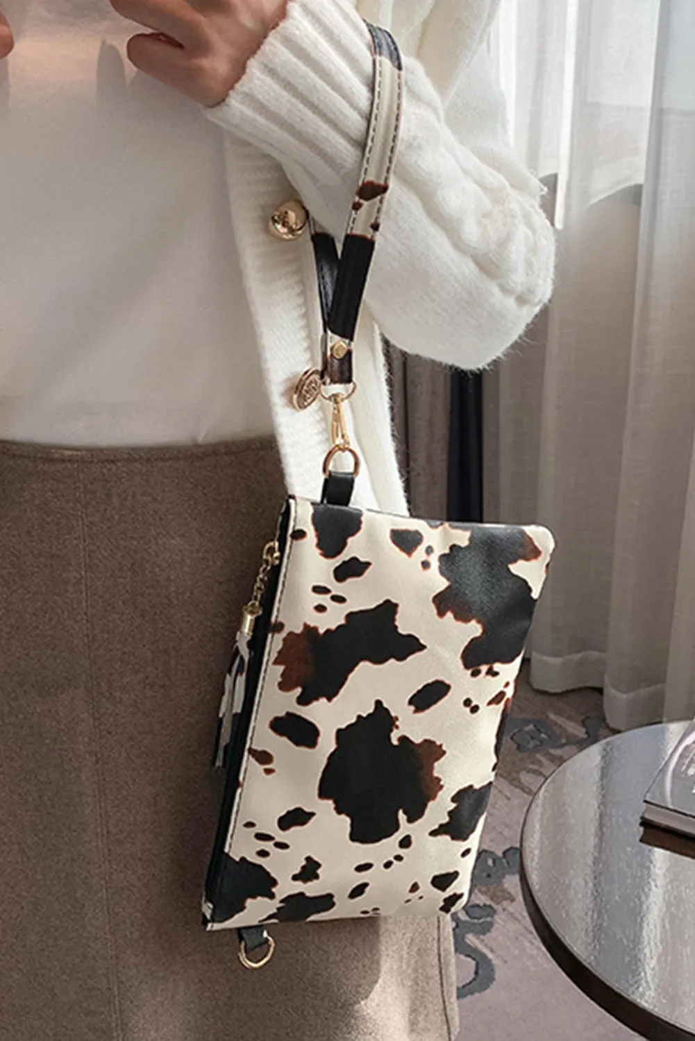 White Cow Print Wrist Strap Zipped Wallet