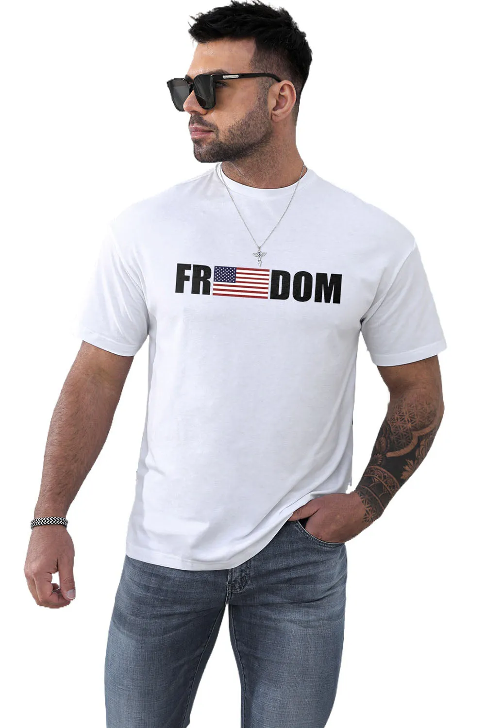 White FREEDOM American Flag Printed O Neck Men's T Shirt