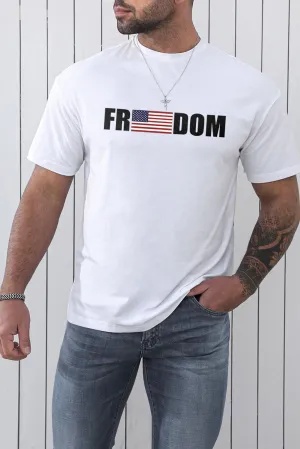 White FREEDOM American Flag Printed O Neck Men's T Shirt