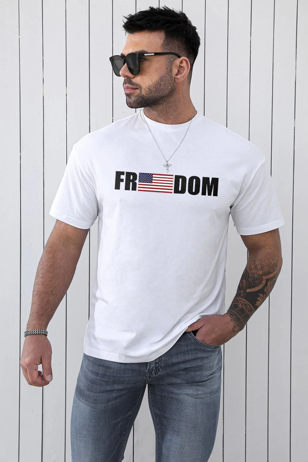 White FREEDOM American Flag Printed O Neck Men's T Shirt