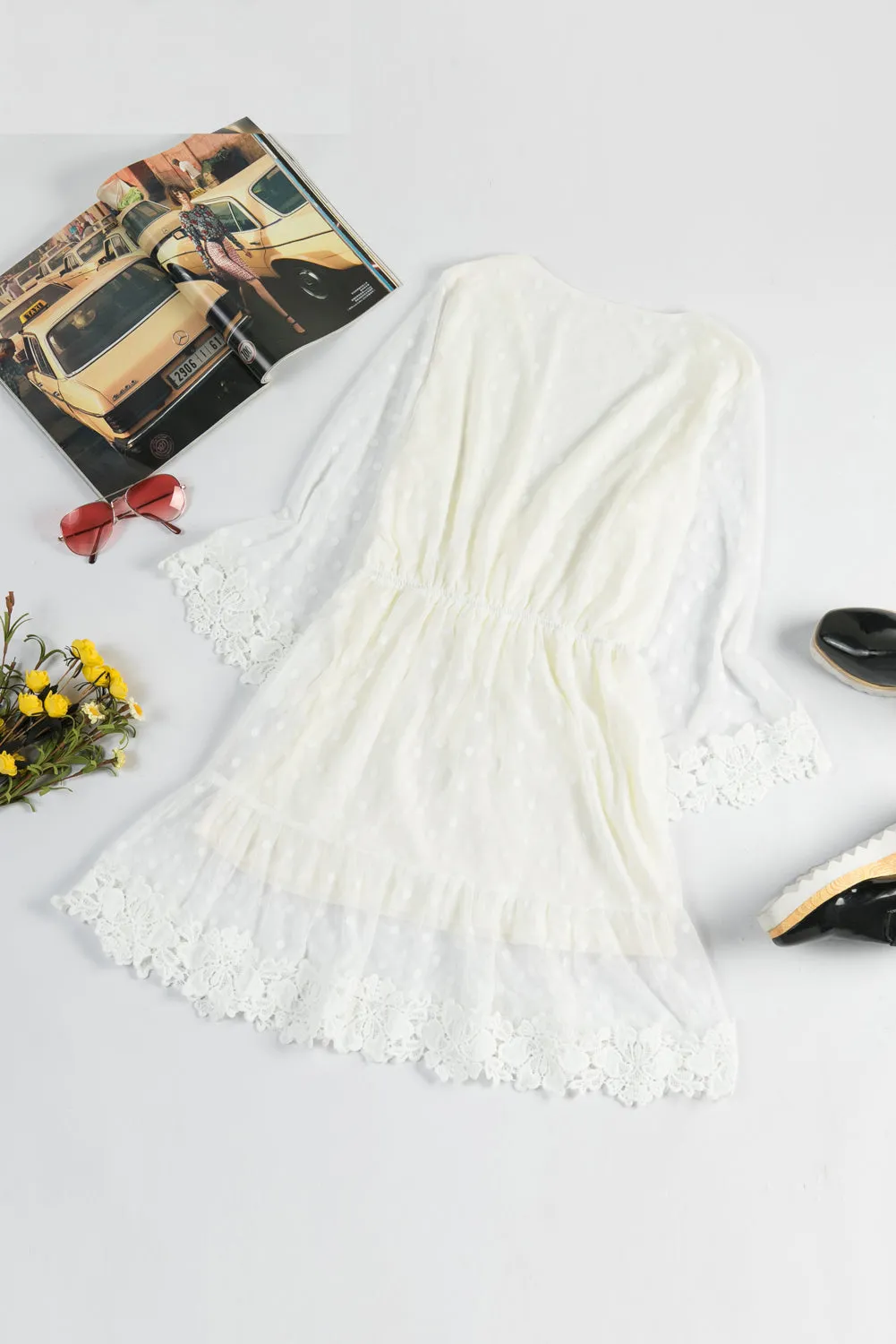 White Wrap V Neck Elastic Waist Polka Dot Mesh Lace Splicing Dress