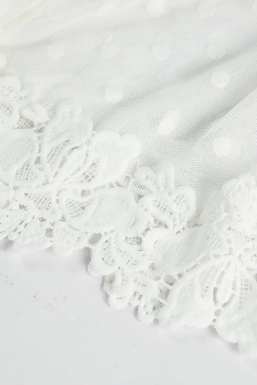White Wrap V Neck Elastic Waist Polka Dot Mesh Lace Splicing Dress