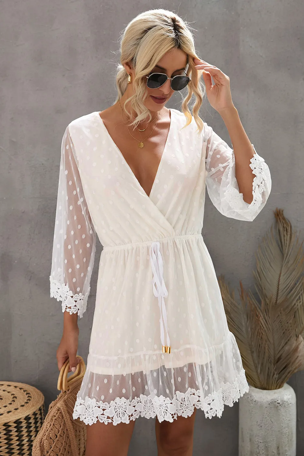 White Wrap V Neck Elastic Waist Polka Dot Mesh Lace Splicing Dress