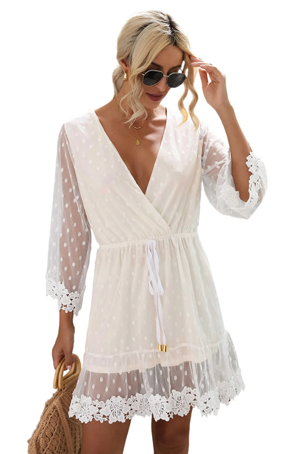 White Wrap V Neck Elastic Waist Polka Dot Mesh Lace Splicing Dress
