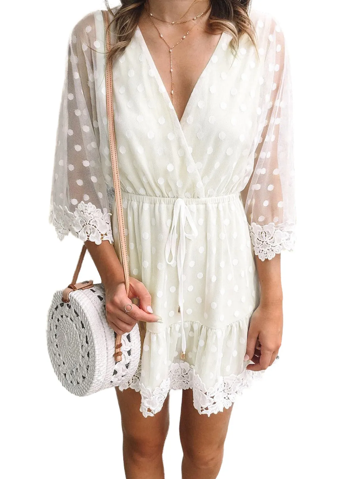 White Wrap V Neck Elastic Waist Polka Dot Mesh Lace Splicing Dress