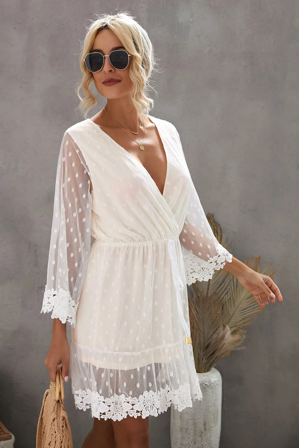 White Wrap V Neck Elastic Waist Polka Dot Mesh Lace Splicing Dress
