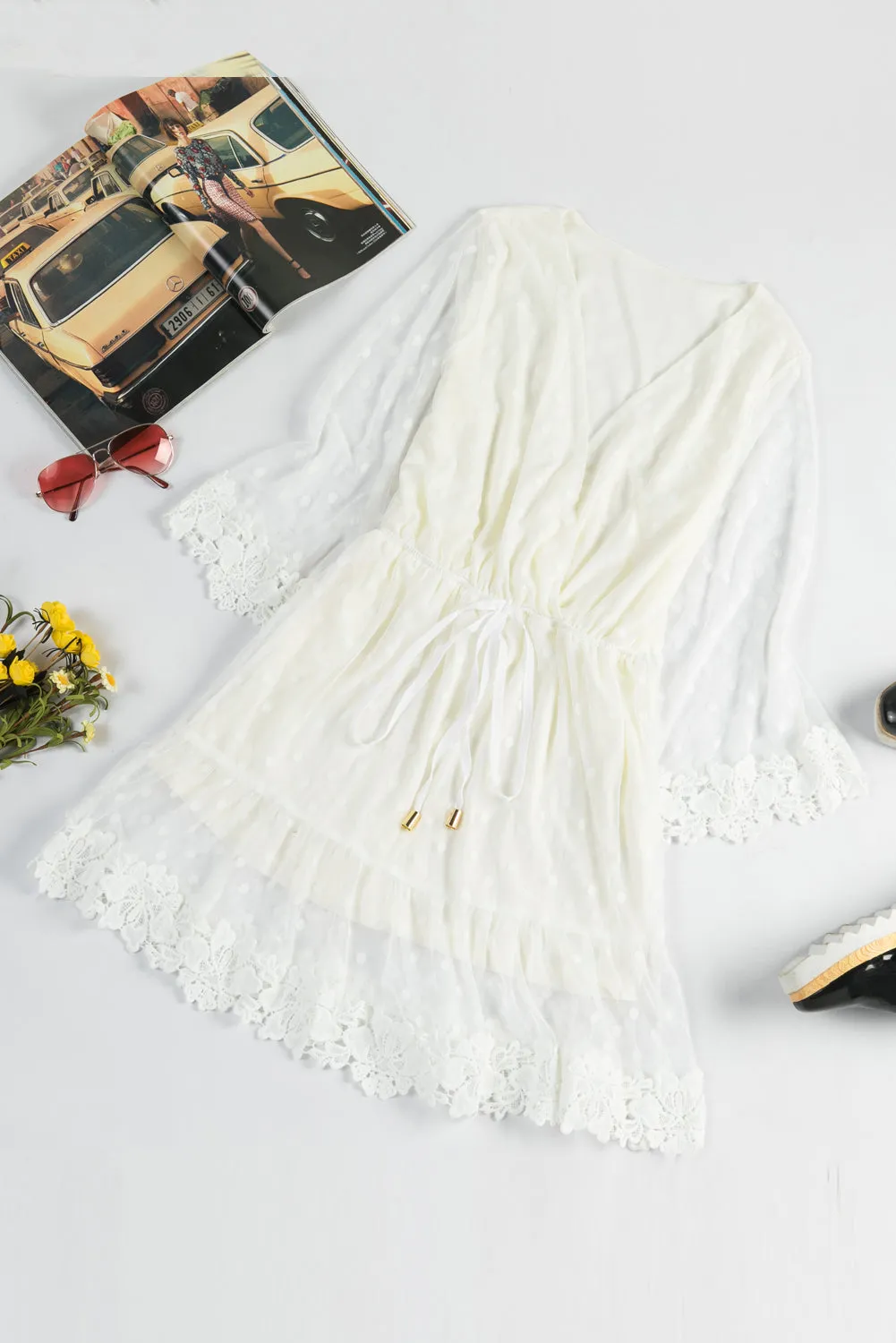 White Wrap V Neck Elastic Waist Polka Dot Mesh Lace Splicing Dress