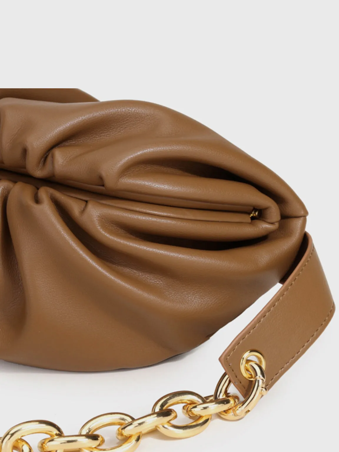 Women's Puffy Fanny Pack Cute Soft Leather Pouch Ruched Belt Bag Chunky Golden Chain