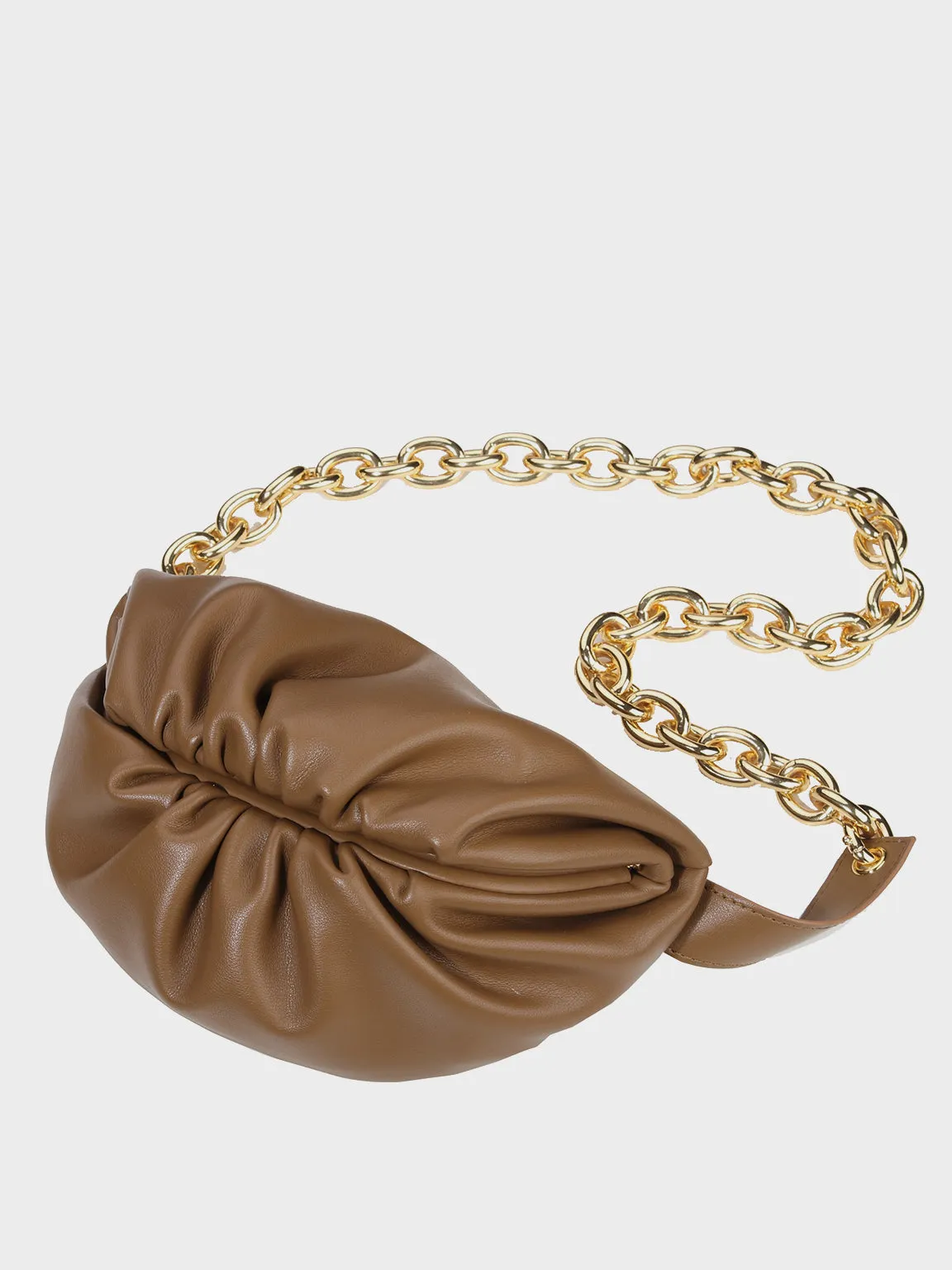 Women's Puffy Fanny Pack Cute Soft Leather Pouch Ruched Belt Bag Chunky Golden Chain