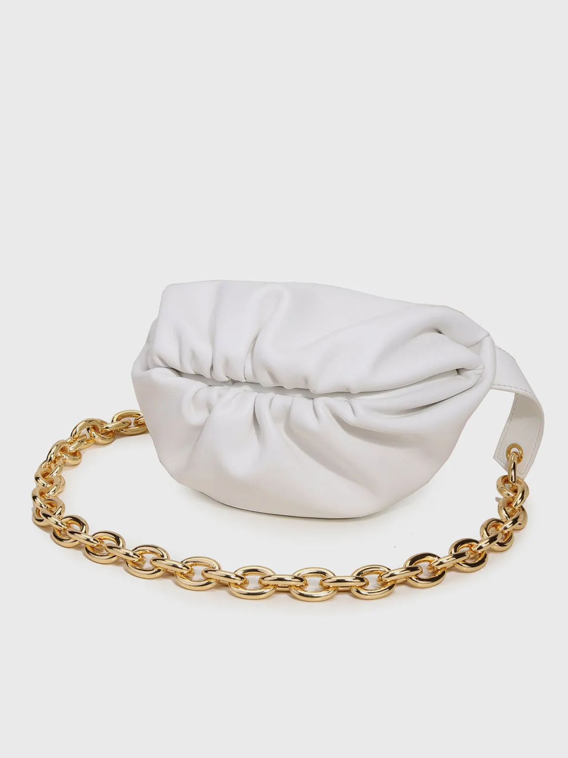 Women's Puffy Fanny Pack Cute Soft Leather Pouch Ruched Belt Bag Chunky Golden Chain