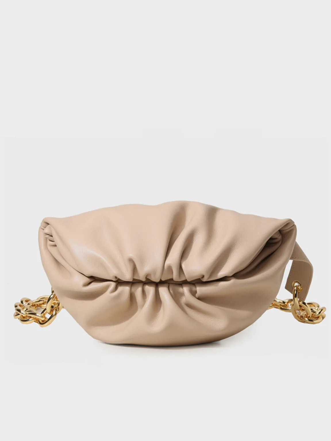 Women's Puffy Fanny Pack Cute Soft Leather Pouch Ruched Belt Bag Chunky Golden Chain