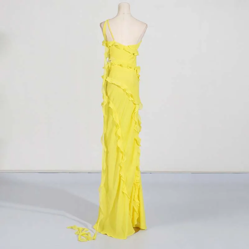 Yellow One Shoulder Asymmetrical Ruffle High Split Maxi Dress