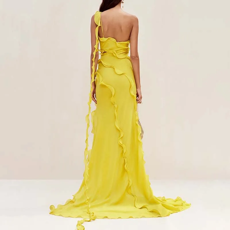 Yellow One Shoulder Asymmetrical Ruffle High Split Maxi Dress