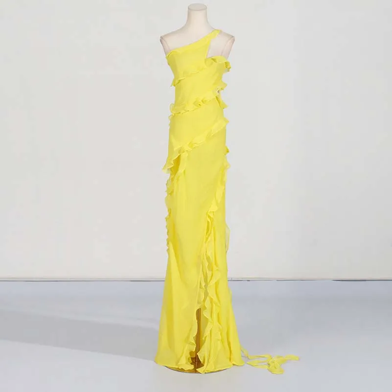 Yellow One Shoulder Asymmetrical Ruffle High Split Maxi Dress