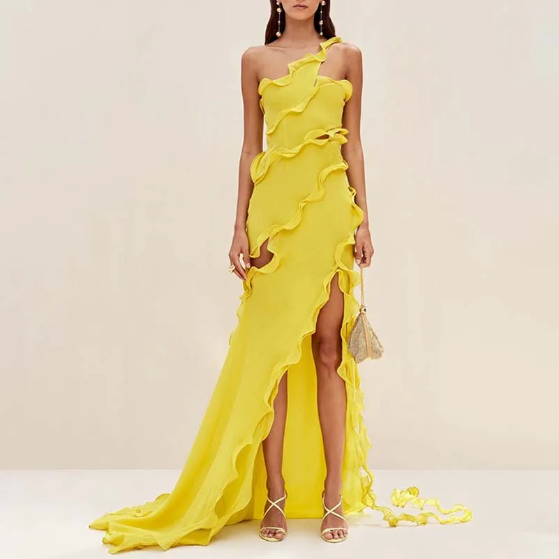 Yellow One Shoulder Asymmetrical Ruffle High Split Maxi Dress