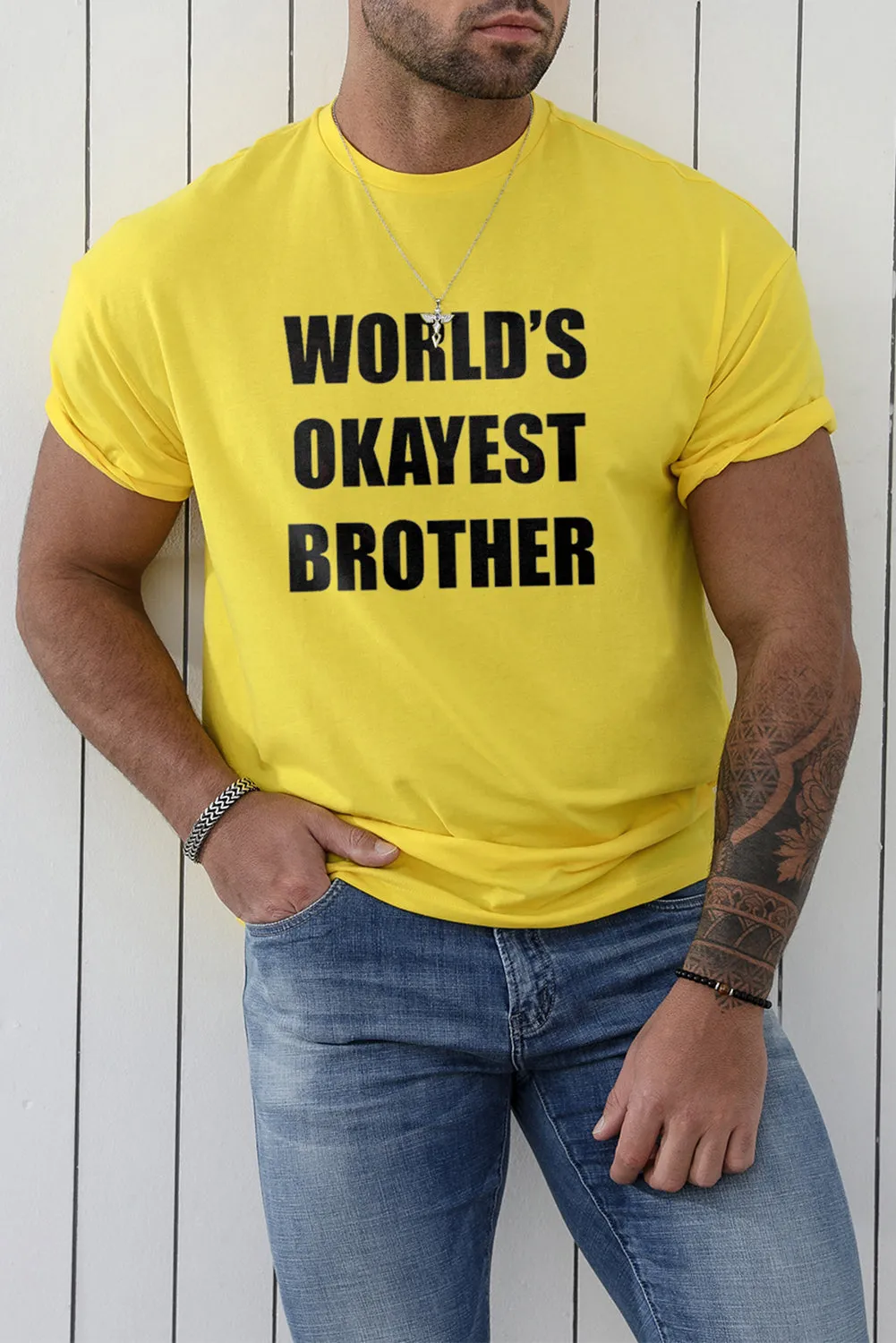 Yellow World's Okayest Brother O-neck Short Sleeve Men's Top
