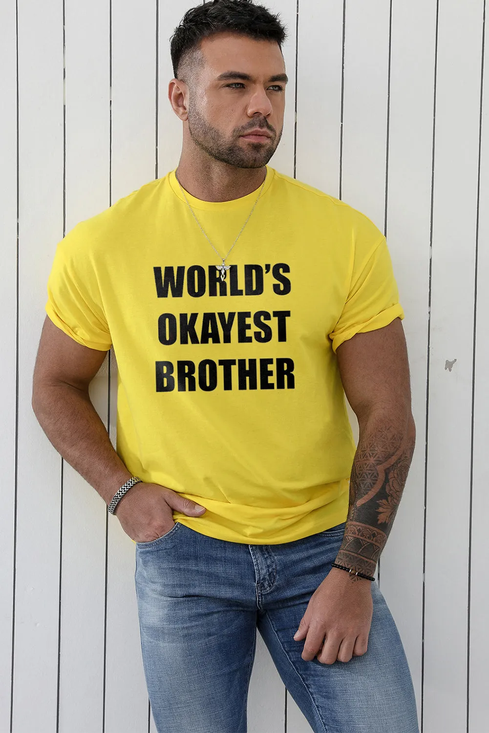Yellow World's Okayest Brother O-neck Short Sleeve Men's Top