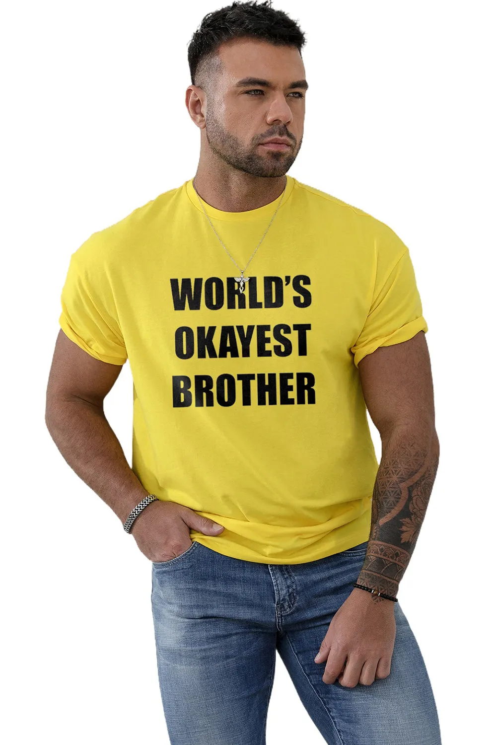 Yellow World's Okayest Brother O-neck Short Sleeve Men's Top